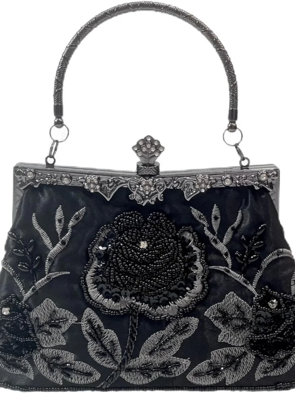 Rose Embroidered Vintage Beaded Evening Bag for Women, Elegant Handled Clutch fo